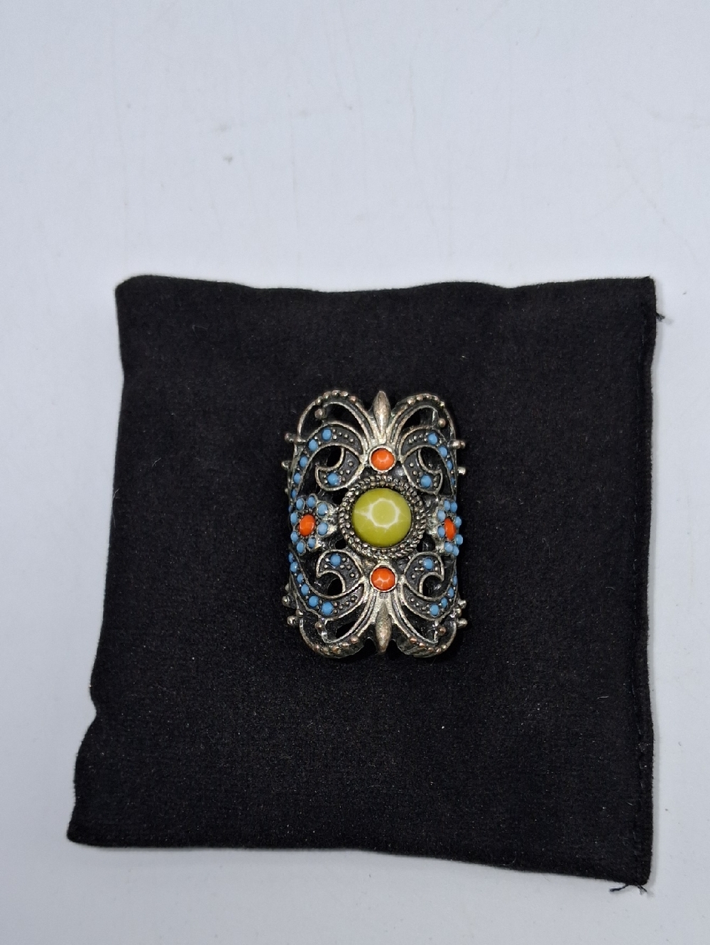 Artisan Filigree Statement Ring with Green, Blue and Orange Accents